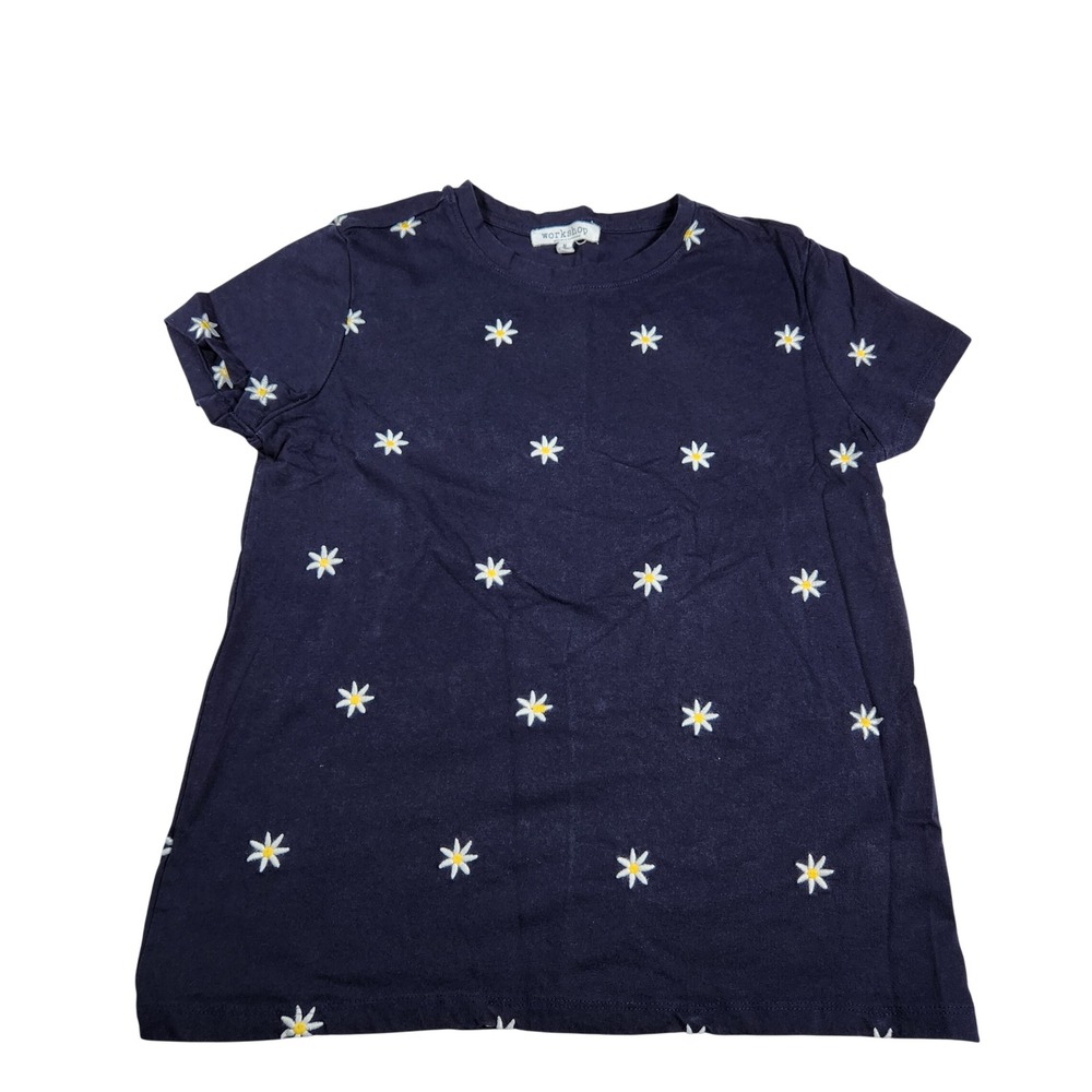 Workshop Republic Clothing Navy Blue Daisy Embroidered Cotton T-Shirt Womens M